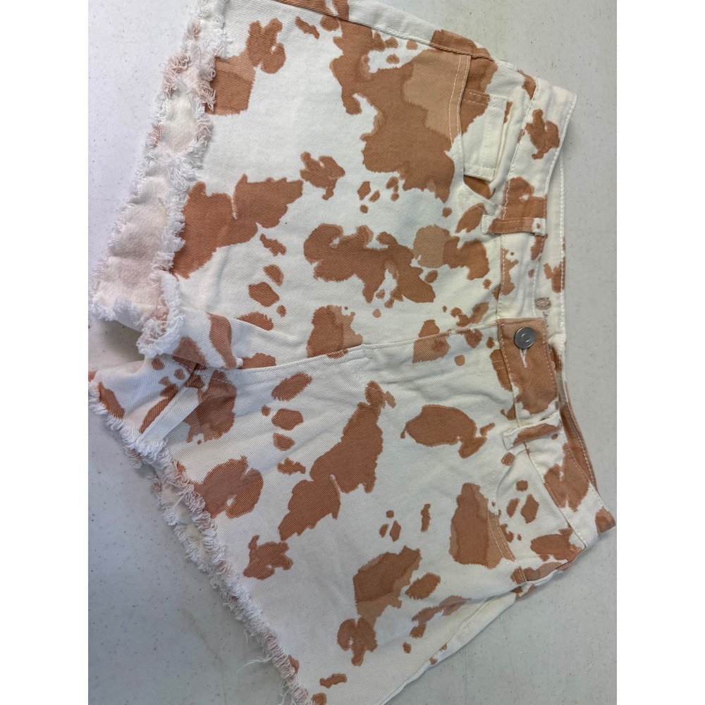 Altar'd State Cow Print Denim Shorts Tan White Frayed Hem Western Women Size L